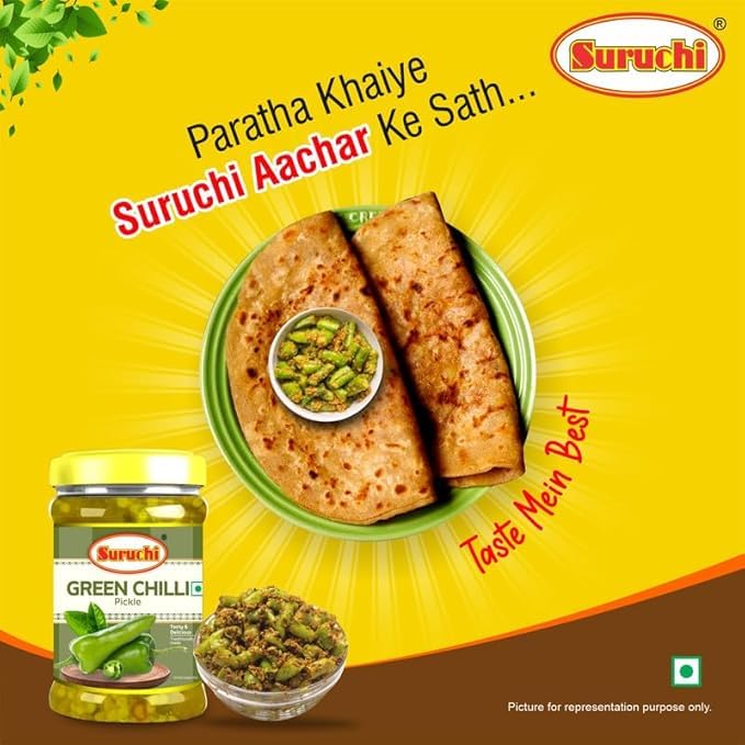 Image of Suruchi Green Chilli Pickle - 200g | Hari Mirchi Ka Achar | Ready to Eat Green Chilli Pickle | Authentic Indian Achar | Pure & Natural Ingredients | Hygienically Packed (Pack of 1)
