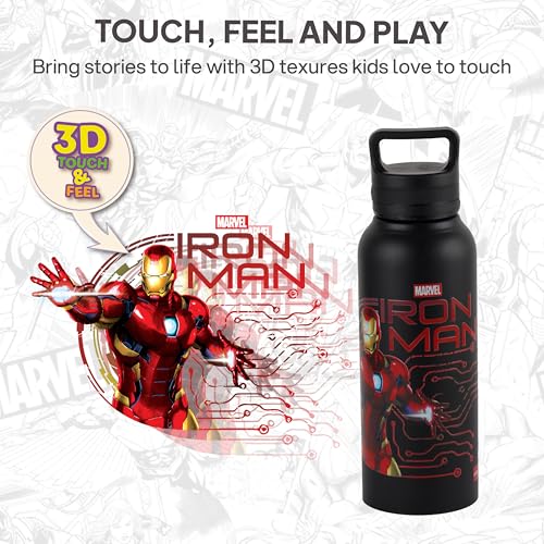 Image of CELLO Kidzbee Aqualoop 3D Iron Man Design Stainless Steel Kids Water Bottle For Daily Use 790 ml, Black | 3D Touch & Feel Print, Single Wall Fridge Safe Rustproof & Leakproof School Kids Water Bottle
