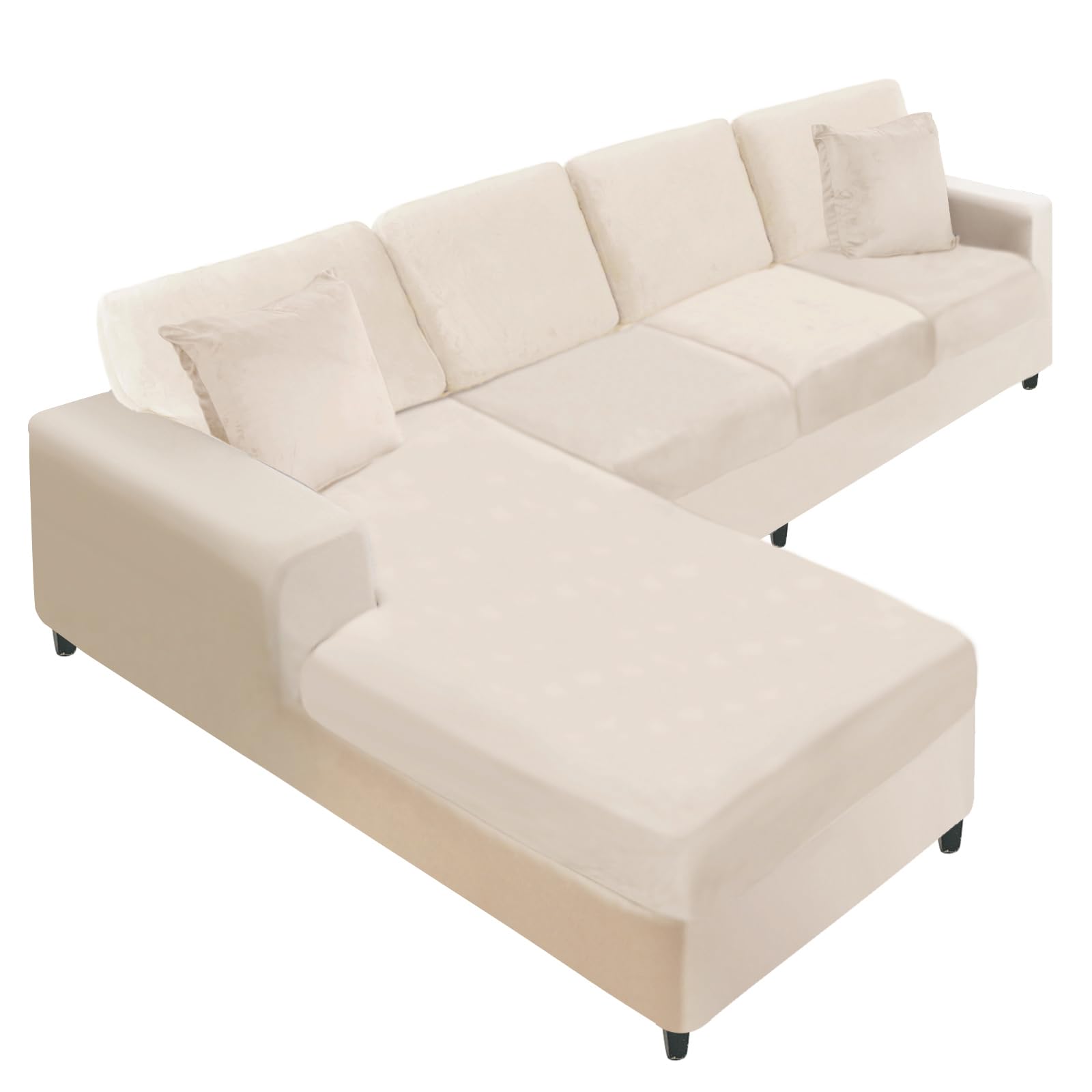 Sectional Couch Covers 8 Pieces Velvet Couch Cushion Covers L Shape Soft Stretch Sofa Slipcovers with 2pcs Pillowcases for Left/Right Chaise Sectional Couch(3 Seater+1 Chaise+4 Back,Beige)