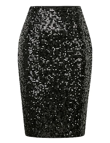 IDEALSANXUN Midi Plaid Röcke für Frauen 2023 Herbst Winter Knielänge Bleistift Wolle Rock mit Schlitz, Pailletten schwarz, XX-Large