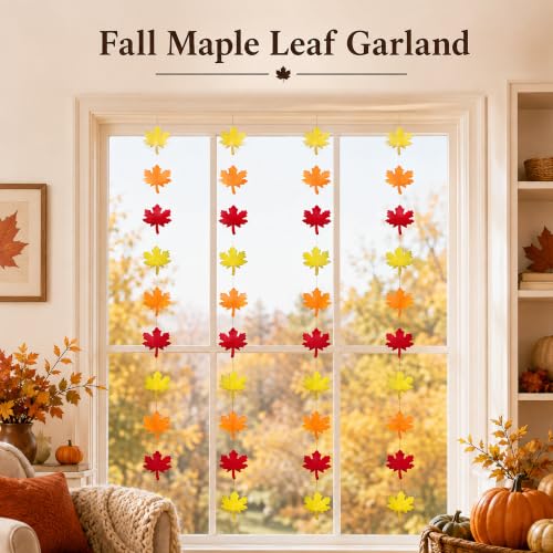 Image of Fall Decor - Maple Leaves Fall Garland for Thanksgiving Decorations | Red Orange Yellow Fall Leaves Hanging Banner - Thanksgiving Party Favors for Door Wall Home Doorway Backdrop Supplies Decor