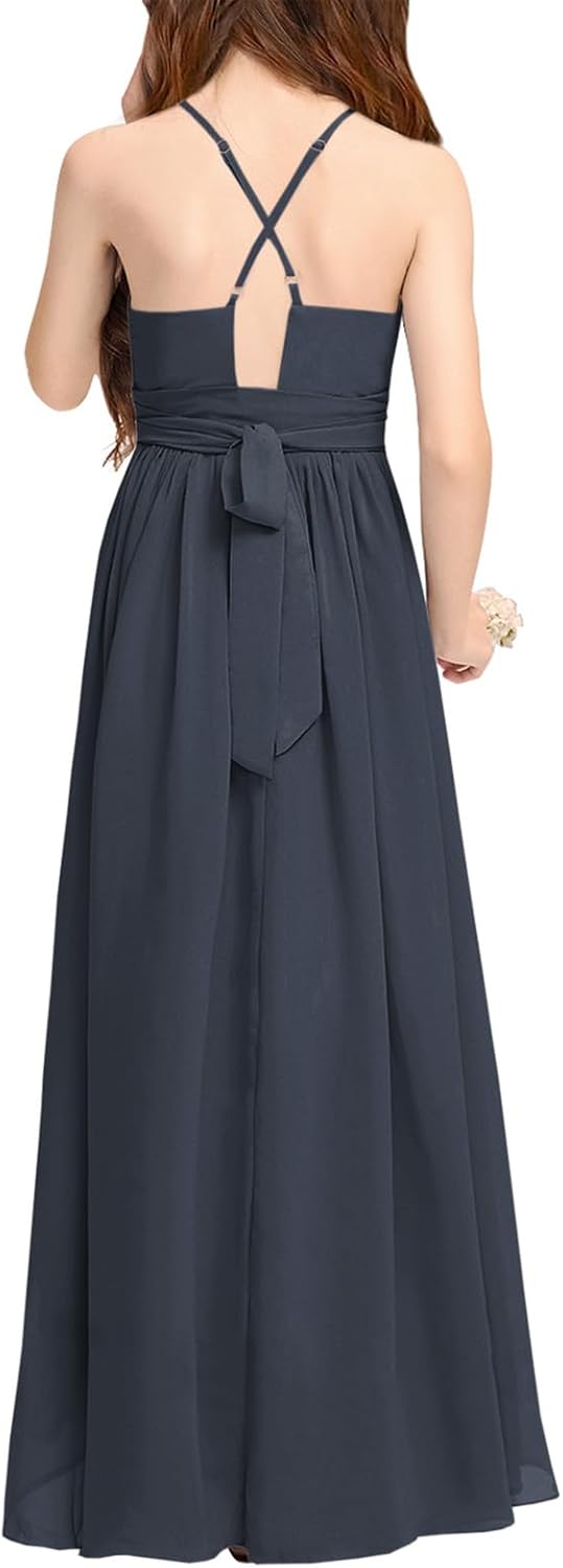 Fancy Girls Dresses Teen Junior Bridesmaid Dress Halter Neck Sleeveless Chest Pleated Backless Crossed Straps Dress - Image 5