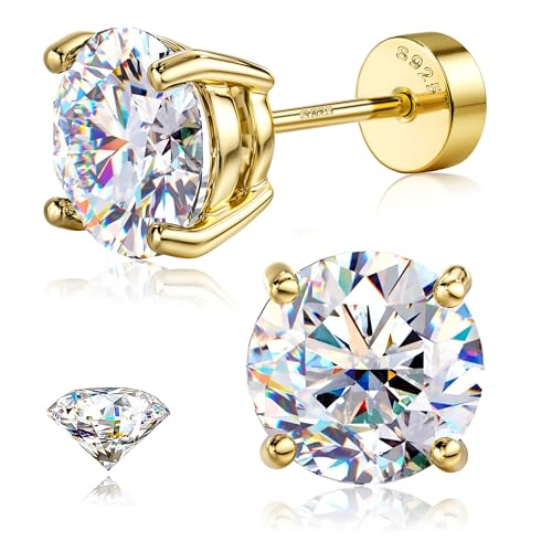 SLLAISS Moissanite Earrings : Diamond Look Sparkle Earrings Round Cut 4mm Cartilage Helix Conch Piercing Studs Hypoallergenic 14K Gold Plated Flat Back 925 Sterling Silver Earring