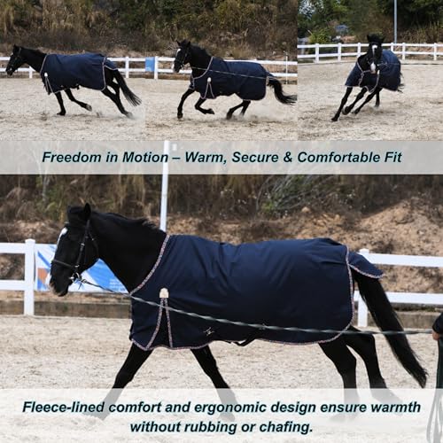 Image of BARN & STABLE 600D Ripstop Lightweight Horse Turnout Sheet No Fill,Water-Resistant & Breathable Horse Blanket for Spring and Mild Weather, with Anti-Rub Fleece Withers (Navy with Floral Trim, 69 in)