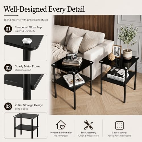 Image of Small Side Table Set of 2, Square Glass End Table with Clear Tempered Glass Top for Small Space, 2-Tier Bedside Table Sofa Couch Table, Nightstands Set of 2 Accent Table for Living Room, Apartment