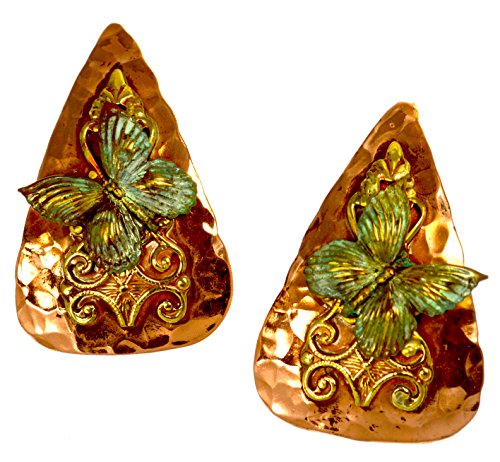 Elaine Coyne Forged Copper and Patina Brass Neo-Victorian Butterfly on Filigree Teardrop Earrings