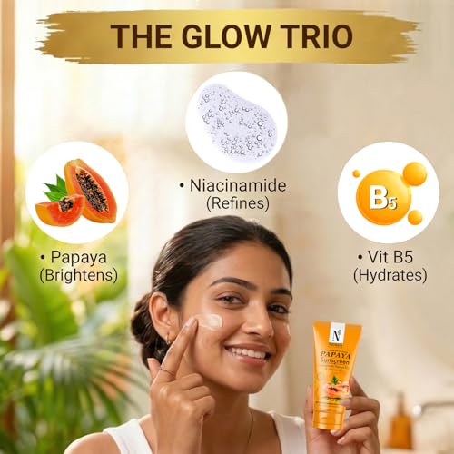 Image of NutriGlow Naturals Papaya Sunscreen SPF 50 PA+++ | No White Cast, Non-Greasy | Broad Spectrum UVA /UVB & Blue Light Protection | With Niacinamide & Vitamin B5 | For Men & Women | All Skin Types | 100g (Pack of 2)