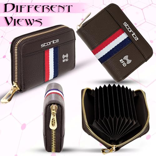 Image of Storite PU Leather 9 Slots RFID Blocking Credit Debit Card Holder Wallet Money Zipper Coin Purse for Men & Women (Brown Tricolor Strip)