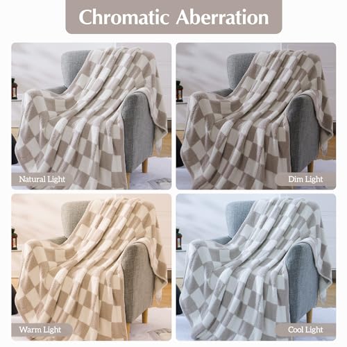 WRENSONGE Checkered Throw Blanket, Taupe Soft Cozy Fluffy Warm Hand Made Throw Blankets for Couch, Sofa, Chair, Bed, Camping, Picnic, Travel Lightweight Bed Blanket - 60"*80"