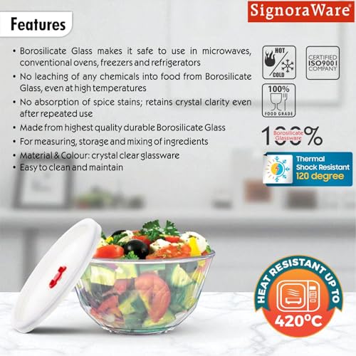 Image of SignoraWare Prism Brorsilicate Glass Bowl with Lid | Microwave & Freezer Safe | Elegant Design for Everyday Use | Durable & Scratch Resistant | Ideal for Mixing, Serving & Storing (1 LTR | Clear)