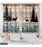 Aimego Forest Deer Kitchen Curtains - Wood Retro Teal Cafe Country Rustic Small Short Tier Window...