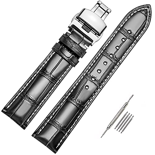 Image of Moran Genuine Leather Band Alligator and Cowhide Replacement Deployment Buckle Watch strap18mm to 24mm Crocodile Leather Strap for Men's and Women's