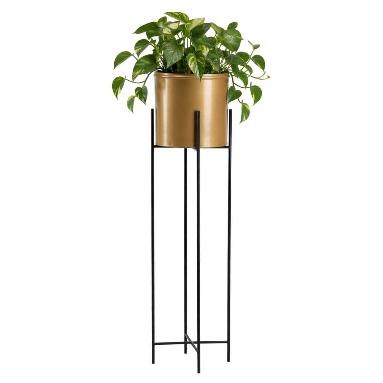 Moderno supporto per fiori in metallo, altezza 95 cm, con vaso d'oro, rotondo 21 cm, diametro su robusto supporto nero – Supporto per piante in stile loft per la decorazione di interni