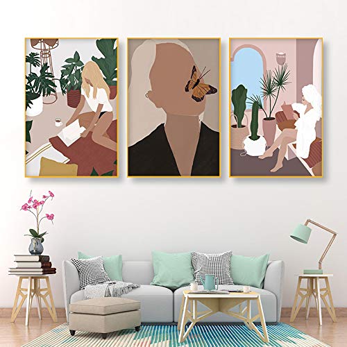 Impression nordique vintage abstrait fille plante | Toile murale déco salon 3 pièces