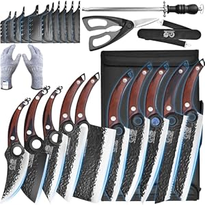 XYJ Professional Kitchen Knife Set with High-Carbon Steel Forged Blades, Chef’s Knife, Cleaver, Carving Knife, Nakiri, Full Tang Design, Includes Carrying Bag & Poultry Scissors