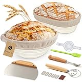 FIVAVA 9-Teiliges Brot Gärkorb Set, 2pcs Gärkörbchen zum Brotbacken, 23cm Rund & 25cm Oval Brotkörbchen, Gärkorb Brot mit 5 Bäckermesser,Teigschaber, Silikon Teigbürste,Teigbesen,Leinentuch
