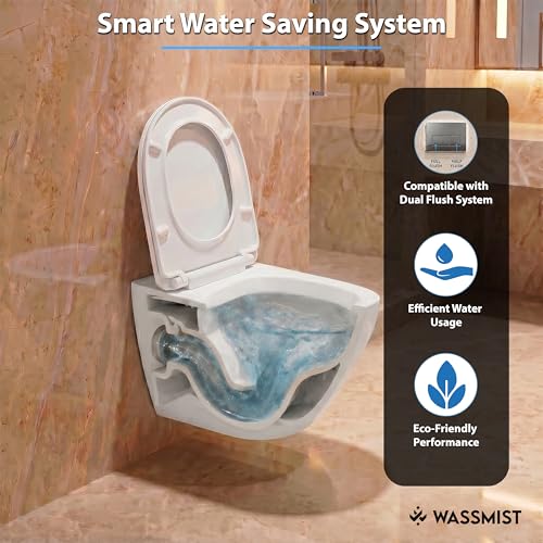 Image of WASSMIST Wall Hung Western Toilet | Rimless Ceramic Commode for Bathroom | Modern Stylish Sanitary Ware for Home | Space-Saving Toilet Bowl for Comfort & Hygiene