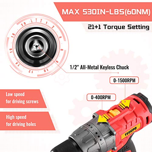 Teccpo Cordless Drill, 20V Drill Set Power Drill, Brushless Drill Driver With 2 Batteries, 530 In-Lbs, 1/2"All-Metal Chuck, 21+1 Torque Settings, 0-1500Rpm Variable Speed, 33Pcs Accessories With Case #TOP3