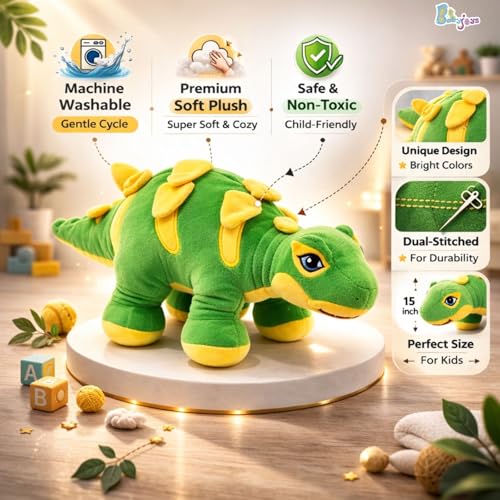 Image of Dinosaur Soft Toy (53CM) Cartoon Green Plush Stuffed Animal| Baby Plush Toy Stuff Toy | Cute Cuddly Dino Teddy for Kids and Babies | Huggable Soft Toy Birthday Gift for Boys and Girls Kids
