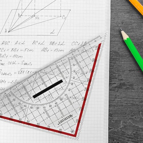 Westcott Geometriedreieck 22 cm mit abnehmbarem Griff | Transparentes Geometrie-Dreieck aus Kunststoff mit roter Skala | Technische Skala & Winkelmesser für Schule, Uni oder Büro | E-10142 00