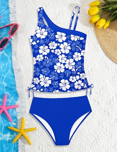 Image of AGAPENG Girls Swimsuit Two Piece One Shoulder Tankini Floral Print Drawstring Swimwear Set 7-14Y