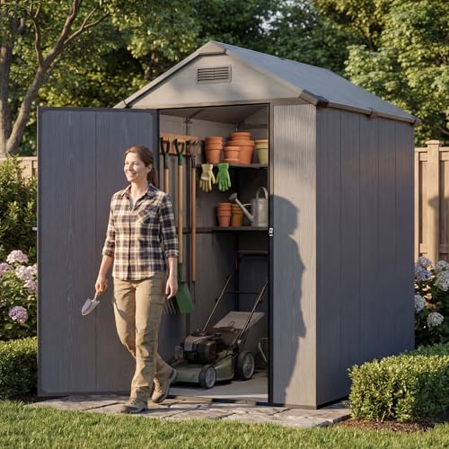 Image of Patiowell 4x6 FT Plastic Outdoor Storage Shed with Floor, Resin Outside Shed with Lockable Door and Vents, Garden Sheds for Backyard, Patio, Lawn Mower, Dark Grey