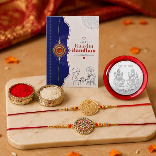 Image of Oblivion Round Design Brass Rakhi Pack for Brother with Silver Colour Pooja Coin, Roli Chawal and Greeting Card for Raksha Bandhan Celebration