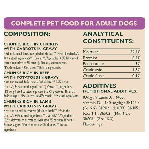 WINALOT Meaty Chunks Adult Nassfutter für Hunde, gemischt in Soße, Rind, Huhn, Lamm, 40x100g Beutel