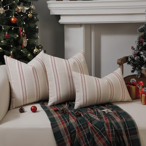 Image of Hckot Spring Decorative Pillow Covers 18x18 Striped Throw Pillows Textured Linen Green Pillow Covers Farmhouse Decor Cushion Covers for Couch Bed Living Room,Sage Green