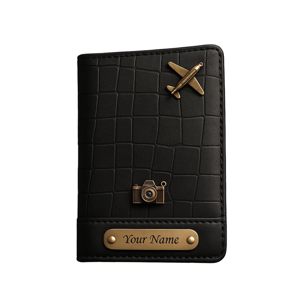 Personalized Croco Passport Cover with Gold Embellishments, with Black Leather, Customizable Name Plate (Black)-image-28