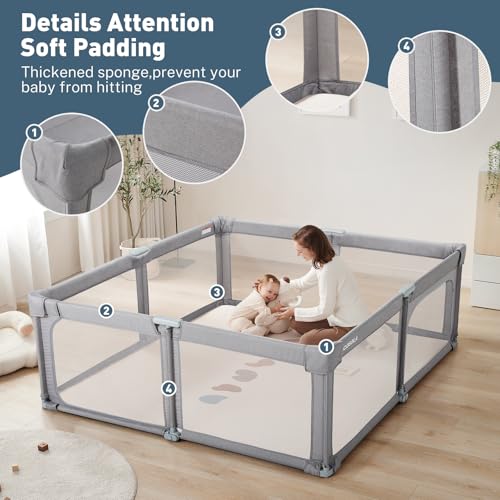 Image of Baby Playpen Portable, Pre-Assembled Play Pen 71x79 Large Foldable Playpen for Babies and Toddlers, Sturdy and Safe Toddler Play Yard Indoor Outdoor with Carry Bag,Light Grey