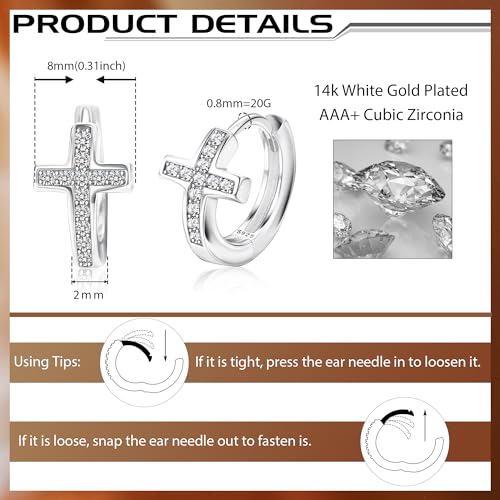MILACOLATO 925 Sterling Silver Cross Hoop Earrings: Small Huggie Earring for Women Men Tiny Cubic Zirconia Hypoallergenic Cartilage Cross Earrings Dainty 18K Gold Plated Jewelry Gifts2