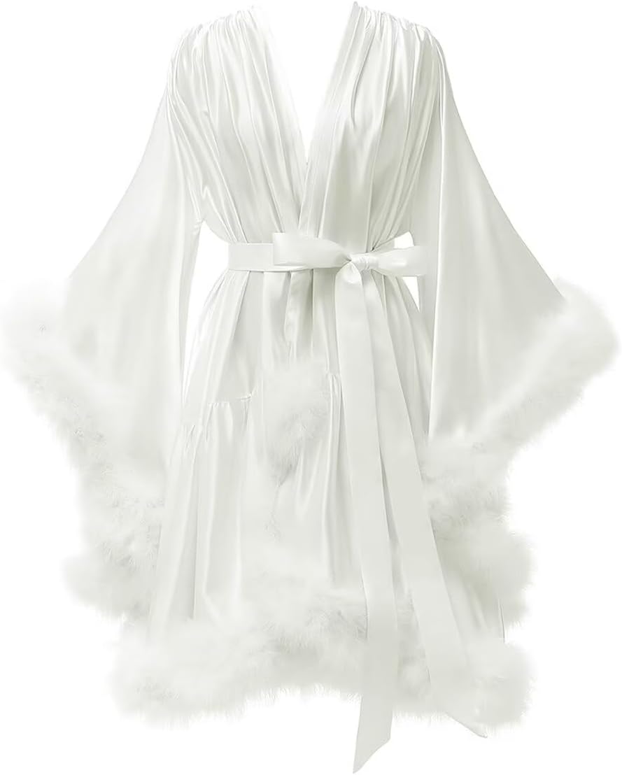 Women's Feather Robe Silk Satin Bridal Dressing Gowns Short Nightgown