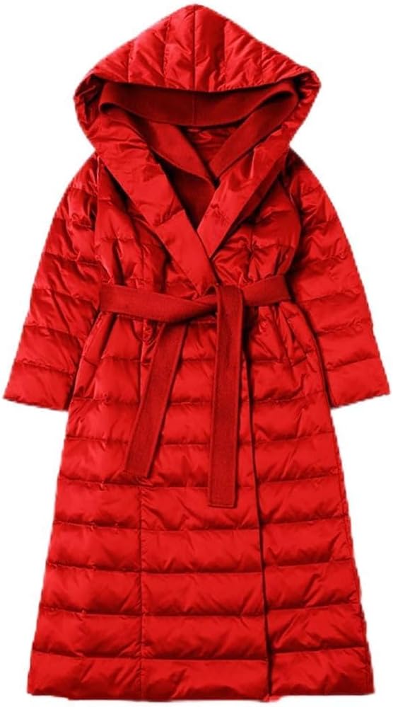 Women's Down Jacket Mid-length Thin and Slim Type Lace-up Splicing Hooded