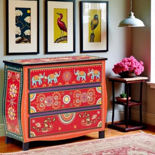 Image of APRODZ Wooden Handpainted Chest of Drawer Cabinet for Storage (Multicolor)