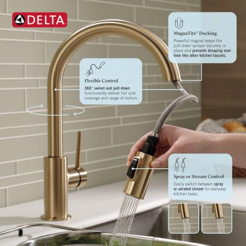Delta Trinsic Brushed Gold Kitchen Faucet with Pull Down Sprayer, Modern Single Hole Kitchen Sink Faucet, Single Handle, Champagne Bronze 9159-CZ-DST - image 8