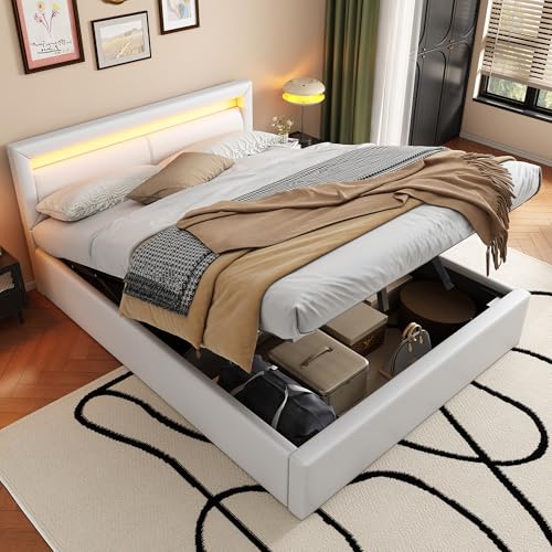 Laxnb Cama Tapizada 140x200 cm Cama Matrimonio, Cama Juvenil con Cabecero LED, Camas Matrimoniales con Almacenamiento Hidráulico, Estructura Cama Doble con Lamas de Madera, Sin Colchón, PU Blanco