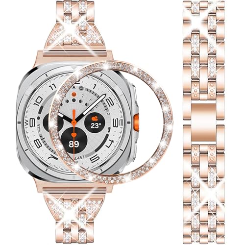 DEALELE Pasek kompatybilny z Samsung Galaxy Watch Ultra 47 mm, błyszczące metalowe paski ze strasu z diamentową ramką ze stali nierdzewnej, bransoletka zastępcza i osłona ramki, dla kobiet i mężczyzn,