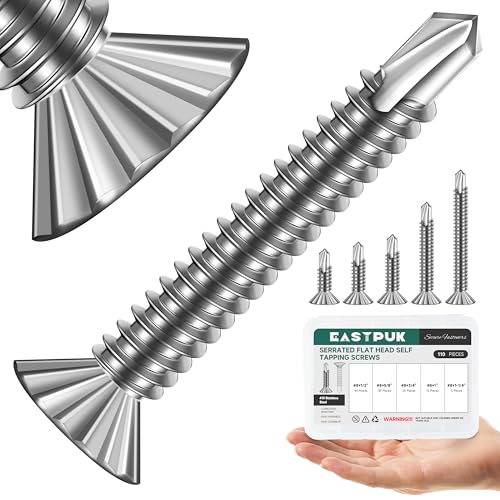 EASTPUK 110Pcs #8 Self Tapping Screws for Metal, 410 Stainless Steel Serrated Flat Head Self Drilling Sheet Metal Screws Assortment Kit for Aluminum Steel Furniture Windows Ceilings Slidings Railings
