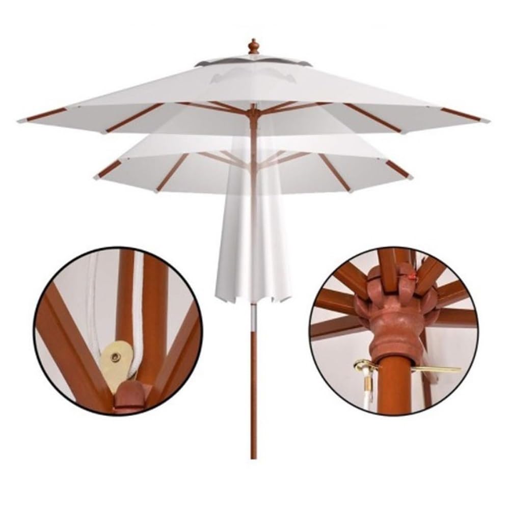 Drewniany parasol tarasowy 270 cm, duży parasol ogrodowy z 8 solidnymi żebrami i otworem wentylacyjnym, wodoodporny baldachim z poliestru do ogrodu, basenu i podwórka