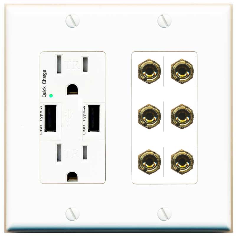 RiteAV 6 Banana 3 Speaker Surround Female Coupler Binding Post Wall Plate - USB Outlet [Ivory/White]