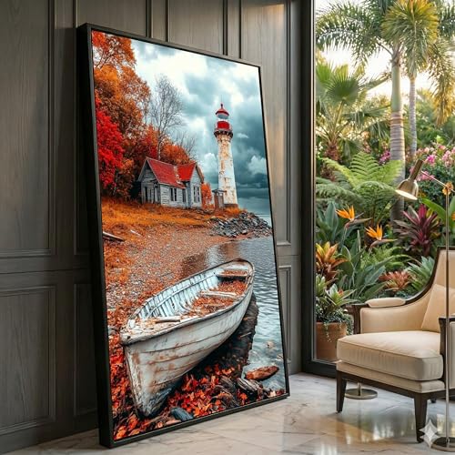 Toile paysage automnal au bord du lac pour creer une ambiance chalet vintage dans votre sejour
