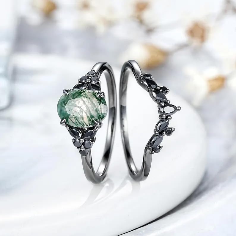 Black Gold Plated Natural Moss Agate Bridal Ring Set S925 Sterling Silver Genuine Green Oval Cut Moss Agate Ring Set Wedding Engagement Band Gift for Women Her4