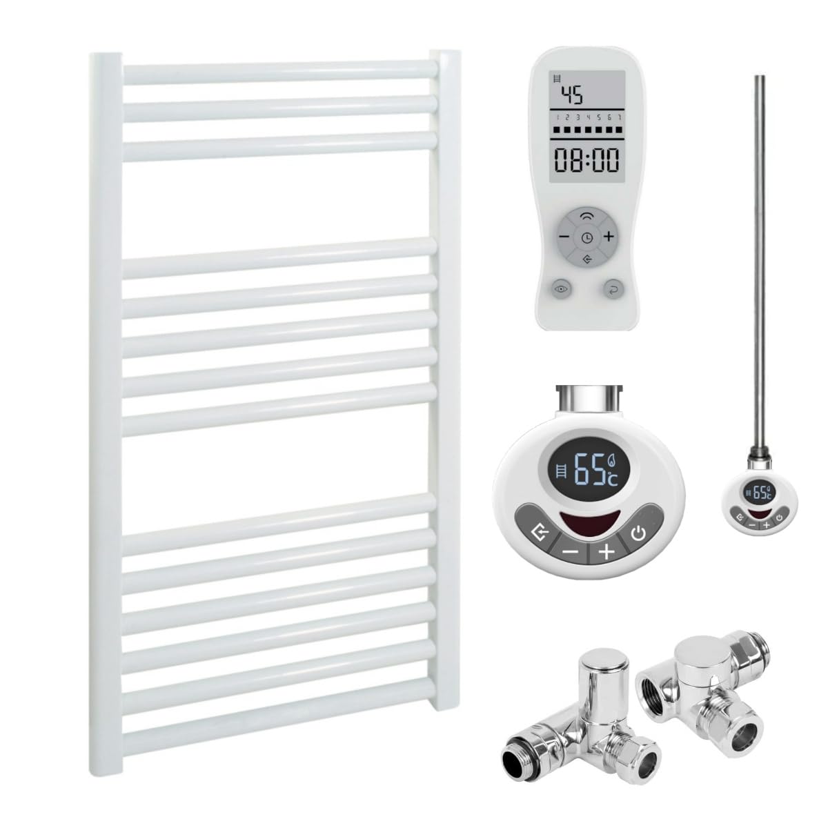 (50 Cm, 80 Cm) Bray Straight Heated Towel Rail / Warmer, White - Dual Fuel, Thermostat + Timer 800 300 5056046203337