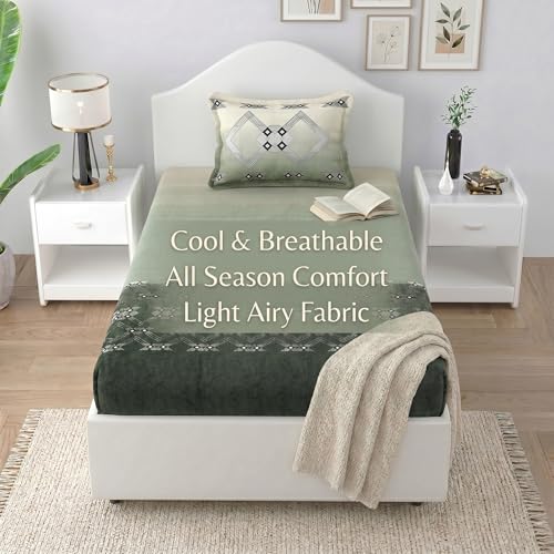 Image of Mafatlal 186 TC Autumn Delight Graceful Pure Cotton Single Flatsheet (60 x 90 Inch) | Breathable Summer Comfort | Wrinkle-Free Floral Bedsheet with 1 Pillow Cover, Luxe Green