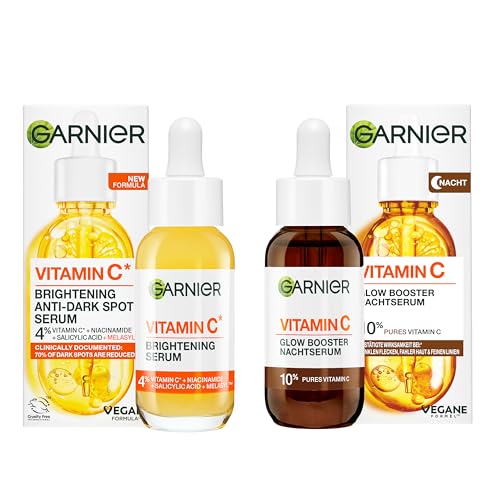 Garnier Vitamin C Serum Set für Tag & Nacht – Anti-Pigmentflecken Gesichtspflege mit 4% Niacinamid + Salicylsäure (Tag) & 10% reinem Vitamin C (Nacht) – Für strahlende Haut & Glow – 2x 30ml 2
