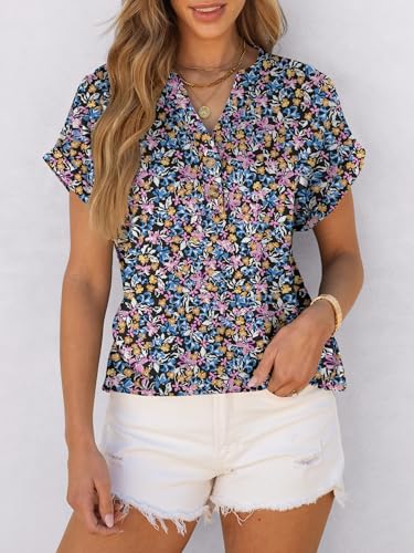 Image of ANRABESS Womens Short Sleeve Henley Tops V Neck Dressy Casual Blouses Summer Trendy Tee Shirts 2026 Vacation Fashion Clothes