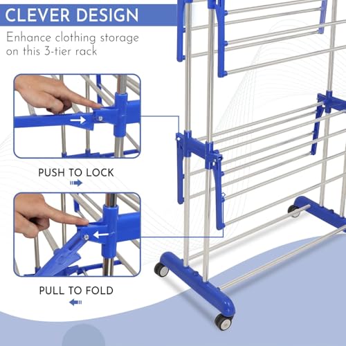 Image of JIALTO Heavy Duty Foldable Clothes Drying Rack for Laundry | 3-Tier Garment Hanger Stand with Wheels | Indoor Outdoor Use | Adjustable Shelves & Arms for Towels, Shirts, Pants