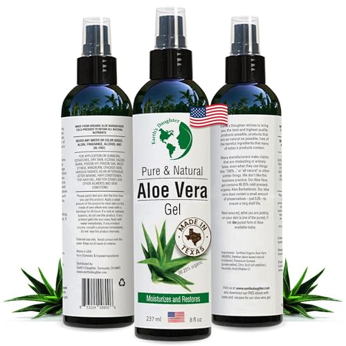 Earth’s Daughter Organic Aloe Vera Gel from Fresh Cut 100% Pure Organic Aloe leaves – Fast Absorbing for Face, Skin, Hair & Body – Vegan, Unscented, Natural - 8 Oz USA Made