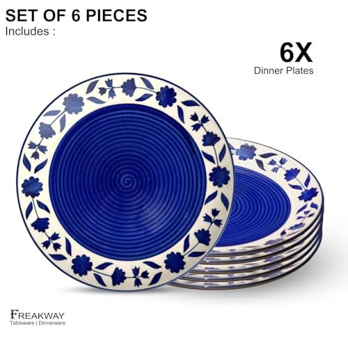 Image of Freakway Floral 'Blue and White Plate Pair' Handpainted Plates in Ceramic 10 Inches, Set of 6, Dishwasher & Microwave Safe